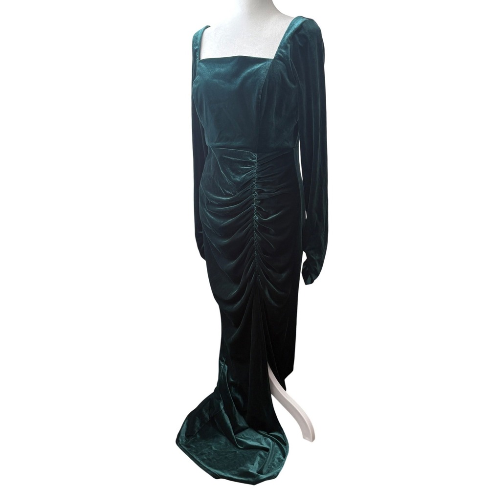 Birdy Grey Emerald Green Velvet Ruched Maxi Dress Square Neck Long Sleeve M
